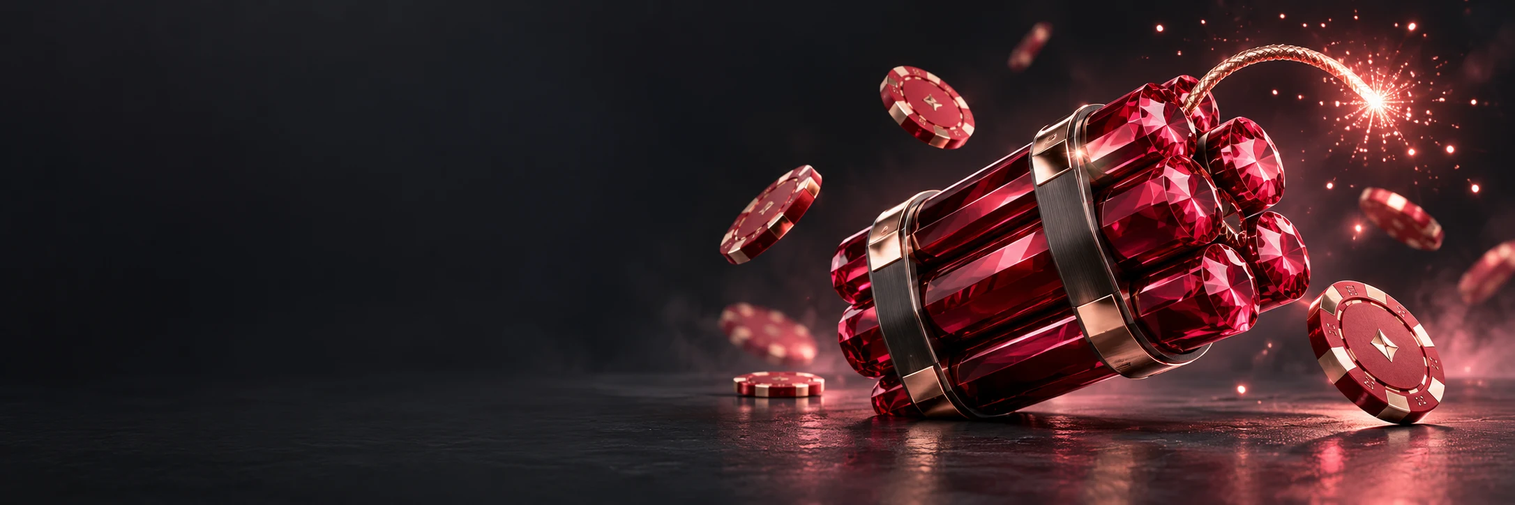Faceted ruby dynamite and coral casino chips on a charcoal stage